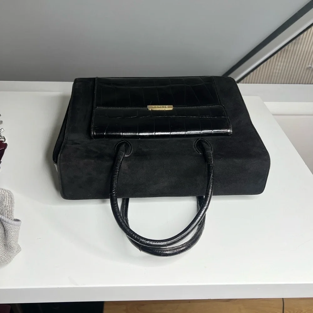 Escada Black Croc Embossed Leather Suede Pocket Structured Satchel Tote Bag